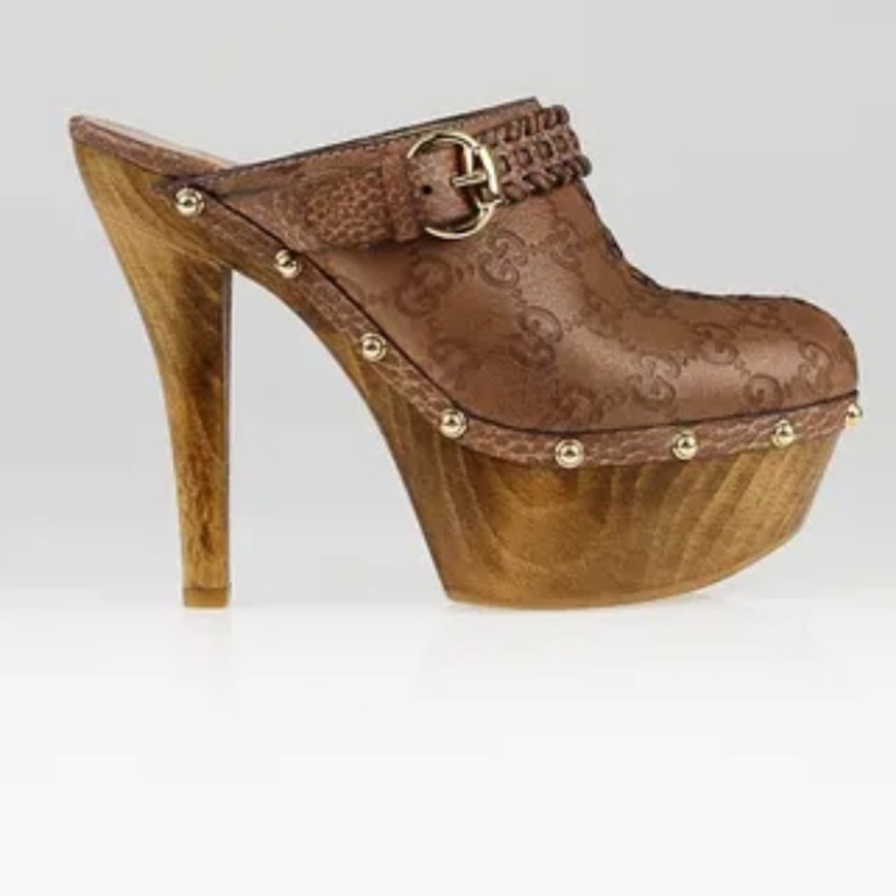 Gucci Brown Guccissima Leather Janis High Heel Platform Clogs size 7 1/2